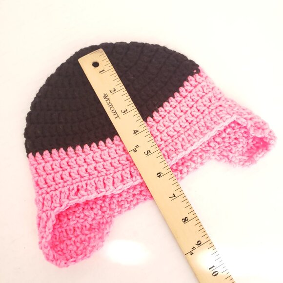 New Handmade Crochet Black and Pink Hat Beanie with Ear Flaps - Picture 7 of 8